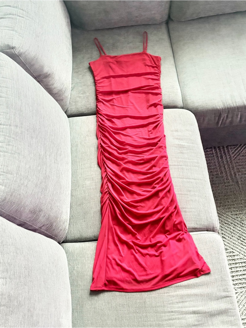 A New Day Red Ruched Midi Dress Small Spaghetti Strap Bodycon